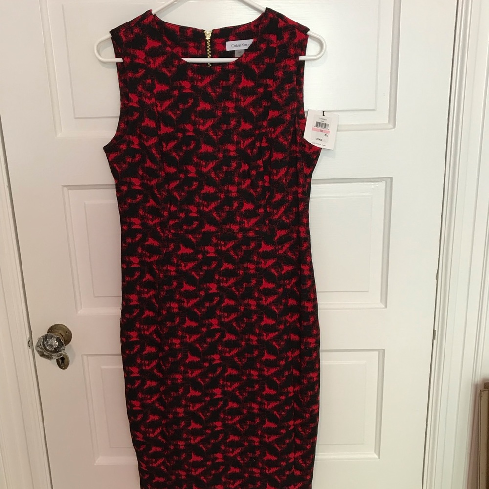 Calvin Klein Sheath Dress NWT Red Black Gold Zipper Size 10
